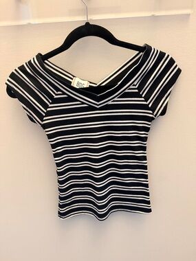 BDG Black and White Striped Off-Shoulder Ribbed Crop Top